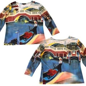 Jessica Max Colorful Scenic Print Mesh 3/4 Sleeve Top Size XL Polyester-Spandex